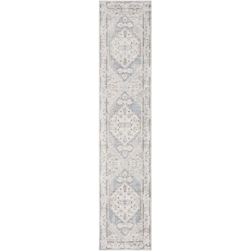 8' Light Blue Oriental Power Loom Distressed Washable Runner Rug