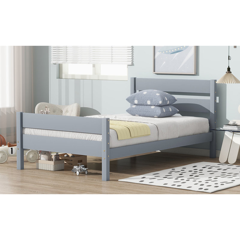 Lit simple avec tête et pied de lit, lit en bois d'hévéa, gris