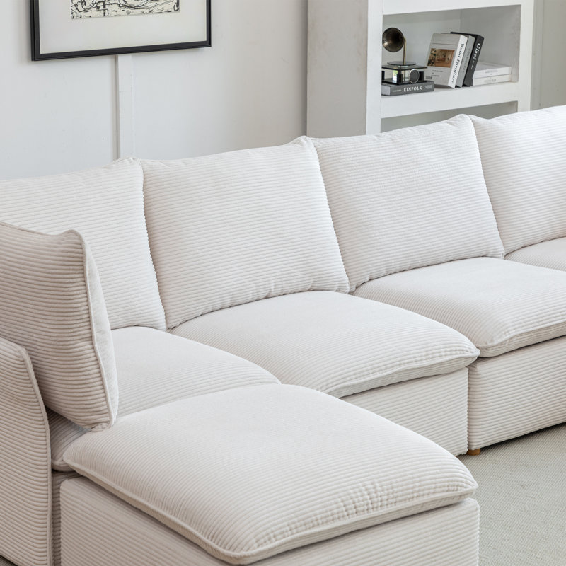 Hepworth Dejohn Corduroy Sectional Sofa With Two Ottomans, 36" H x 95.5" W x 62.5" D, White Corduroy