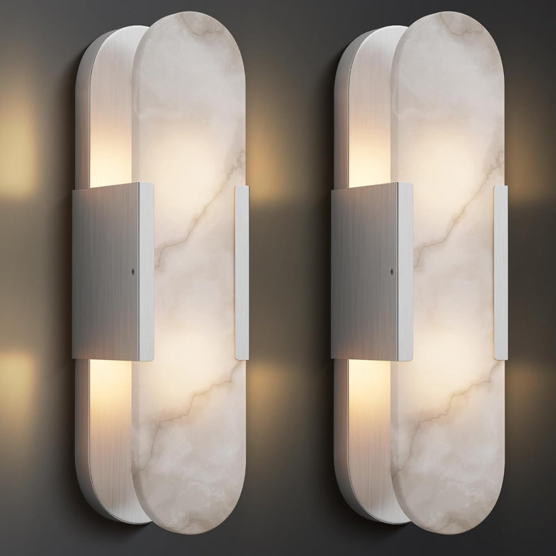 20" Dimmable Wall Mounted Sconce with Alabaster Shade (Set of 2), Brushed Nickel
