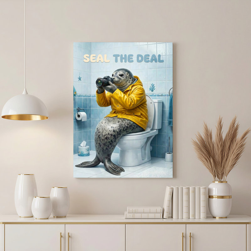 Tableau mural humoristique « Scellez l'affaire » sur toile, représentant un phoque en veste jaune sur les toilettes (1 pièce)