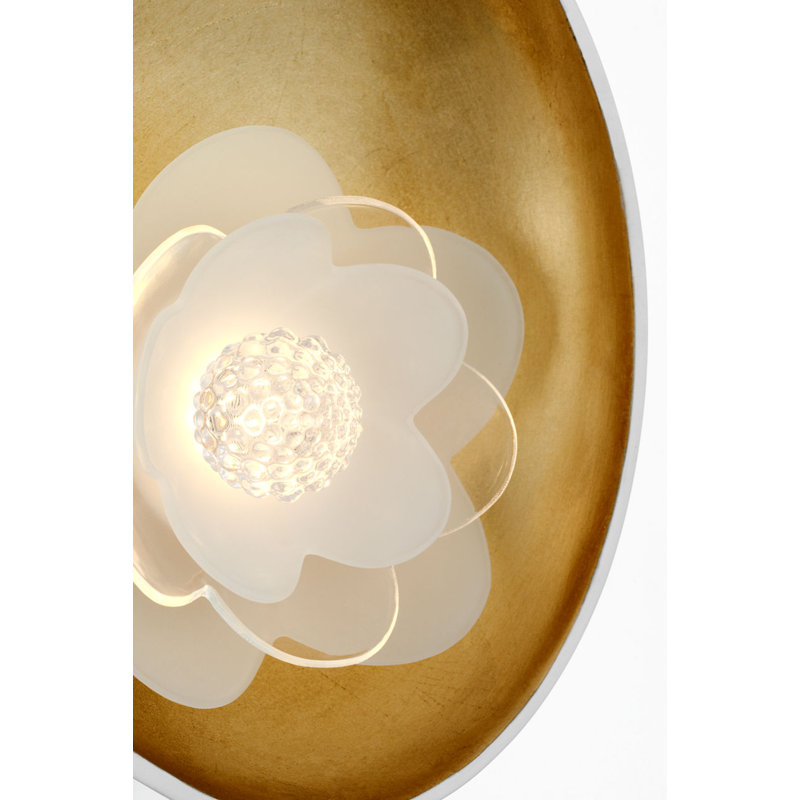 Petaluma Reflector Sconce with Etched and Clear Glass Flower, 6.5" H x 5.25" W x 1.75" D, Matte White and Gild