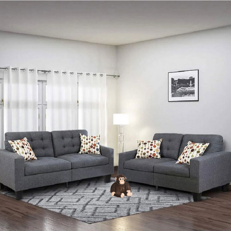 Living Room Furniture 2pc Sofa Set Blue Grey Polyfiber Tufted Sofa Loveseat with Pillows Cushion Couch Solid Pine Latitude Run