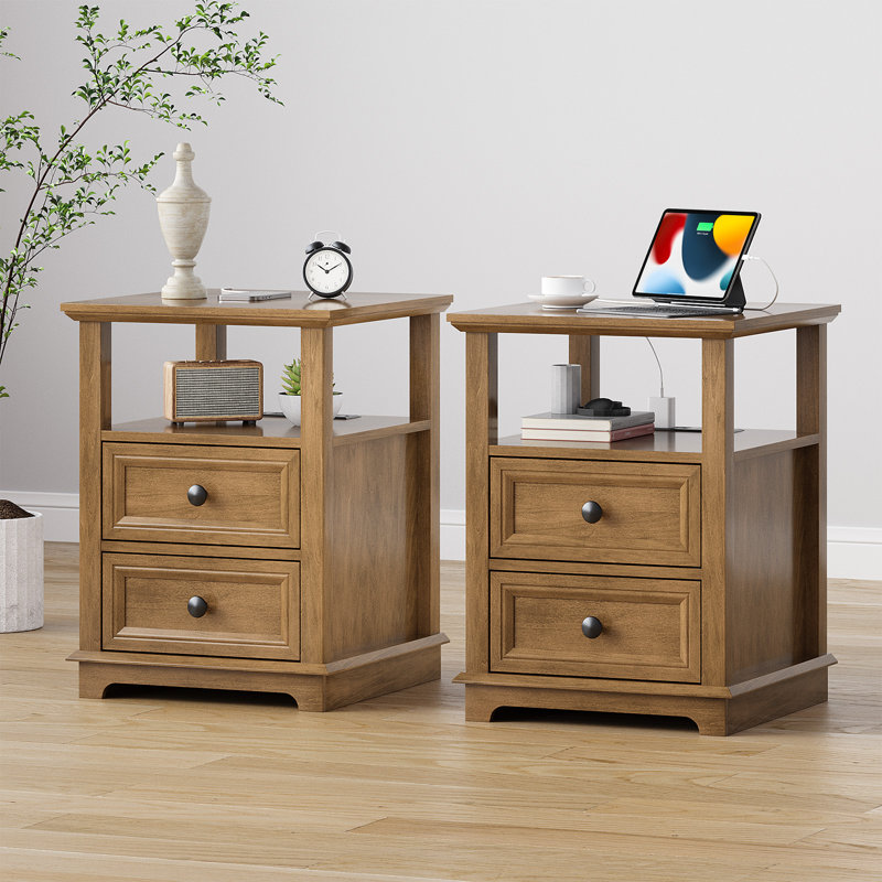 Azella Frame 2 End Table Set with Storage and Built-In Outlets, Chestnut Brown