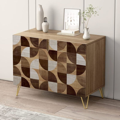 Buffet, armoire de rangement pour la cuisine avec 2 portes, motif en brun foncé et blanc à motif Polygone, console pour salle à manger L 35 po x l 18 po x H 29 po