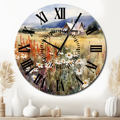 Green White Meadow At The Farm I - Floral Black Face Wall Clock