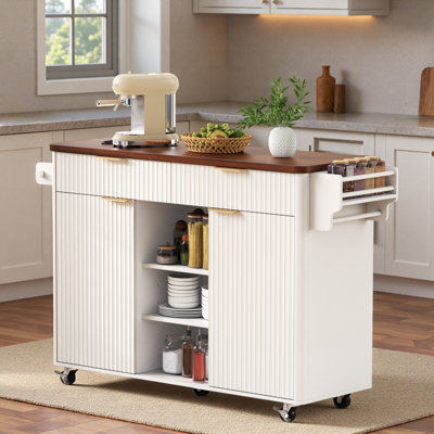 Îlot de cuisine cannelé avec rallonge, prise de courant, tablettes réglables, 2 portes et 2 tiroirs
