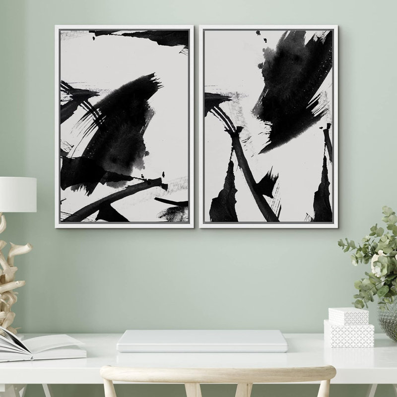 «Black Duotone Paint Stroke Landscape Abstract Shapes», 2 pièces sur toile, Cadre blanc, H 24 po x l 16 po
