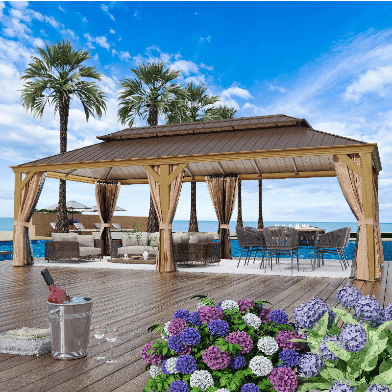 12' W x 22' D Outdoor Hardtop Gazebo with Aluminum Frame & Double Galvanized Steel Roof, Heavy Duty Permanent Pavilion with Netting & Curtains for Patio, Lawn, Deck