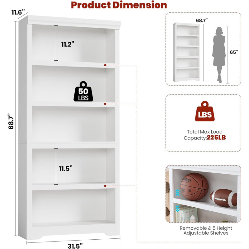 69"5-Tier Farmhouse Bookcase with Adjustable Shelves, Open Display Storage Bookshelf for Home Office, Living Room, Study or Balcony