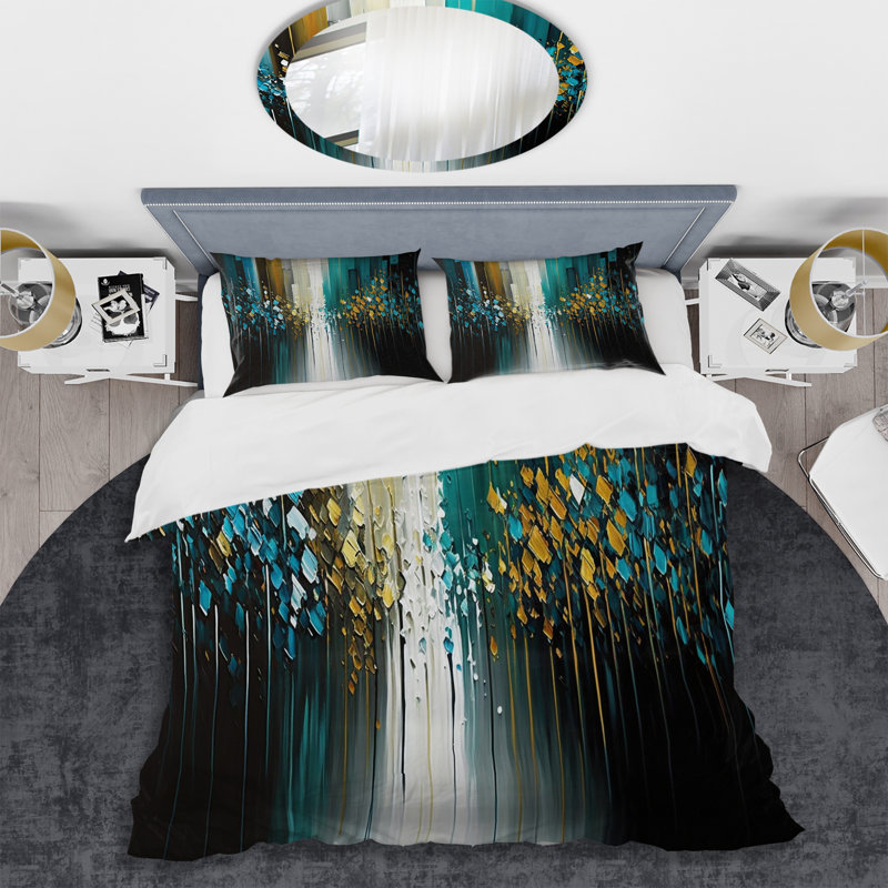 Ensemble de housse de couette en microfibre / polyester abstrait géométrique noir et vert II