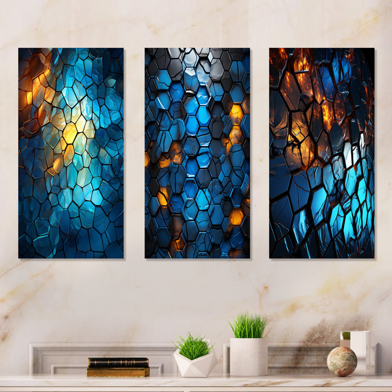 Fractale bleue et jaune mosaïque I - formes abstraites modernes, ensemble de 3 impressions sur métal, H 28 po x l 36 po
