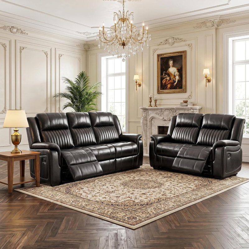 Ensemble de 2 fauteuils inclinables en similicuir brun foncé avec console centrale et porte-gobelets + causeuse entièrement assemblés
