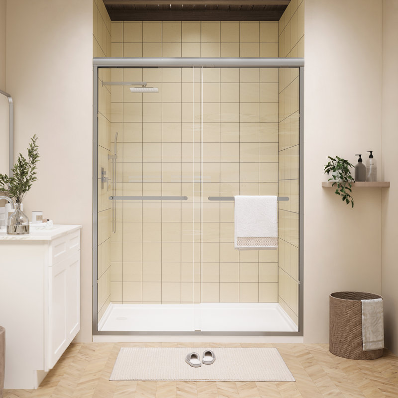 Porte de douche coulissante double encadrée en nickel brossé avec poignées doubles et verre transparent l 50 po x l 72 po x H 72 po