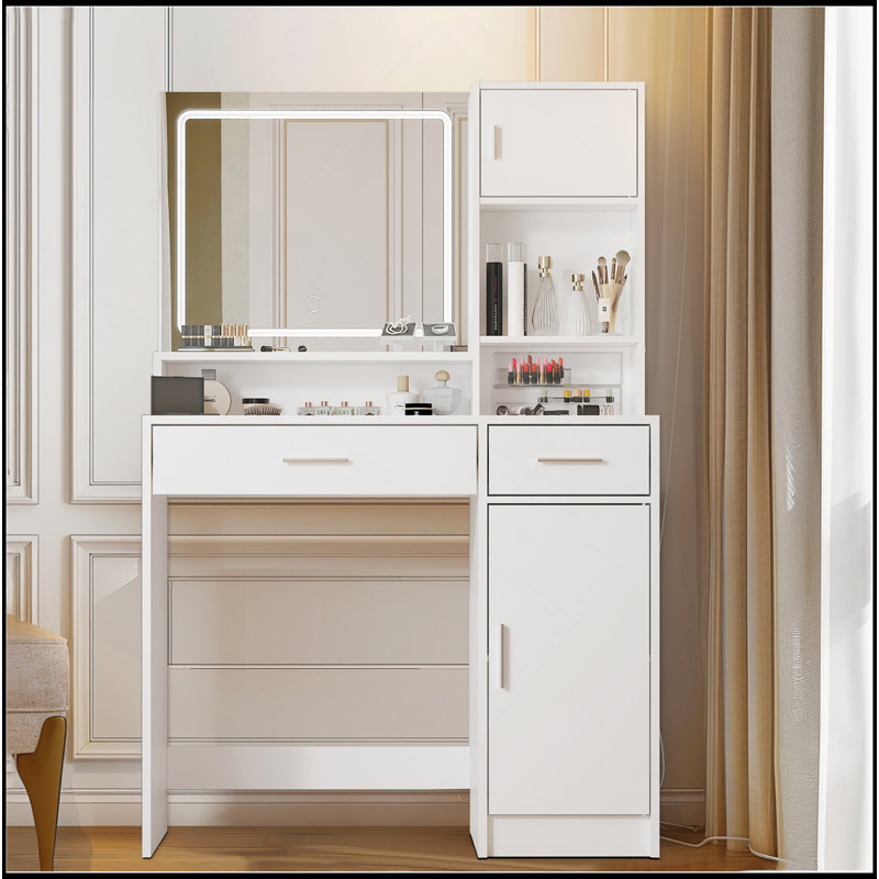 Vanity Desk With Mirror And LED Light Strip,Dressing Table With Large Drawer, 3 Level Storage Dresser & 3 Lighting Modes Adjustable Brightness, Suitable For Bedroom