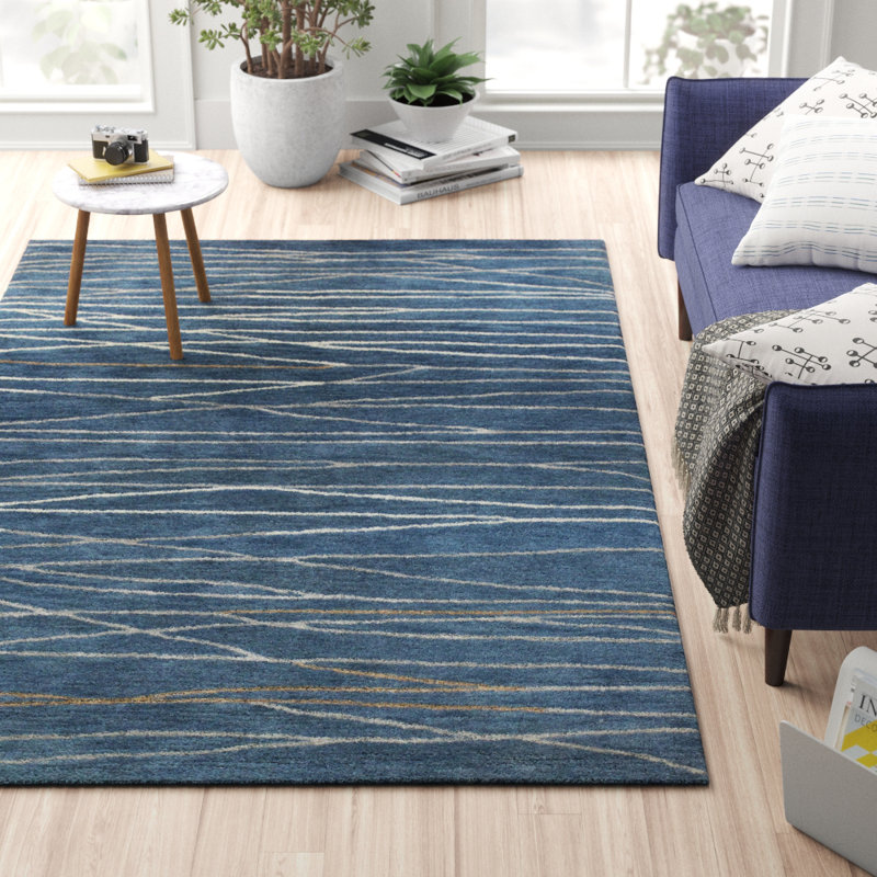 Tapis bleu azur à motif abstrait touffeté à la main Soleia, Rectangle 8 pi 6 po x 11 pi 6 po