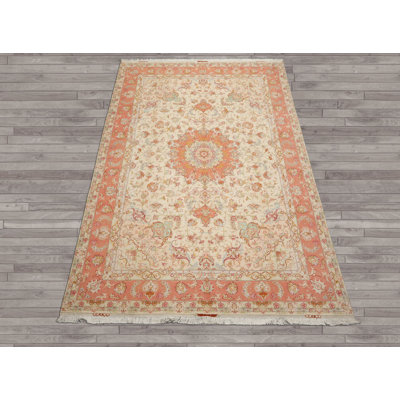 6'7''x9'11'' Hand Knotted Wool & Silk Ivory Traditional Rug