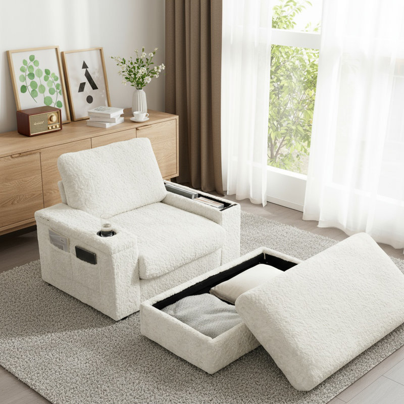 Canapé-lit convertible 42 po en fausse fourrure de lapin avec repose-pieds, porte-gobelets et rangement caché, Beige
