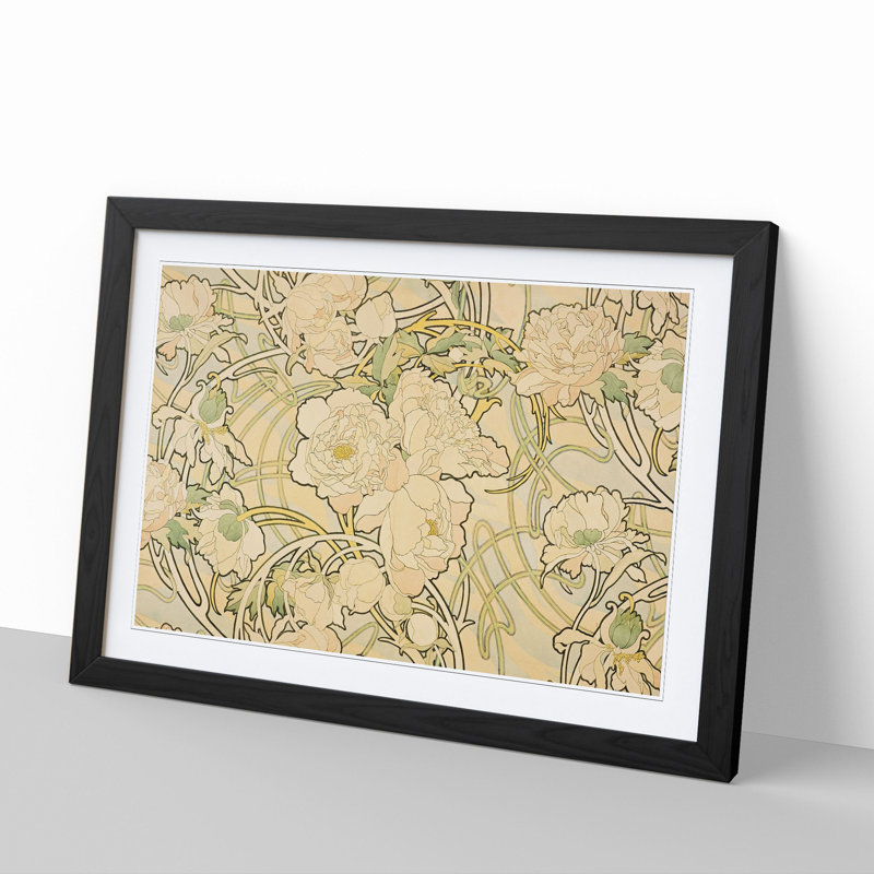 Peonies by Alphonse Mucha - Framed Print, Black Framed, 27cm H x 36cm W x 2cm D