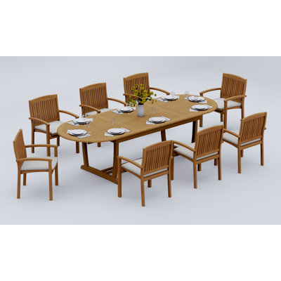Ensemble de salle à manger 7 pièces en bois de teck de qualité A: table de chevet ovale à tréteaux à double rallonge de 118 po et fauteuils empilables Wave # 11WV2706