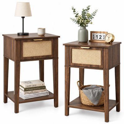 Table de chevet moderne à 1 tiroir avec devant en canne tissée et tablette de rangement ouverte