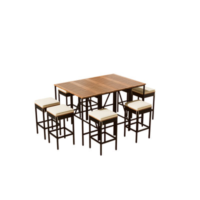 Table et tabouret d'extérieur en bois avec coussins amovibles, pliable, résistant aux intempéries, rouille, peu encombrant, brun, antidérapant, haut, stable