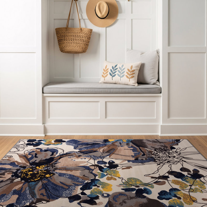 Dichiera Floral Brown/Navy/Cream Non-Slip Rubberback Area Rug, Rectangle 3'3" x 5'