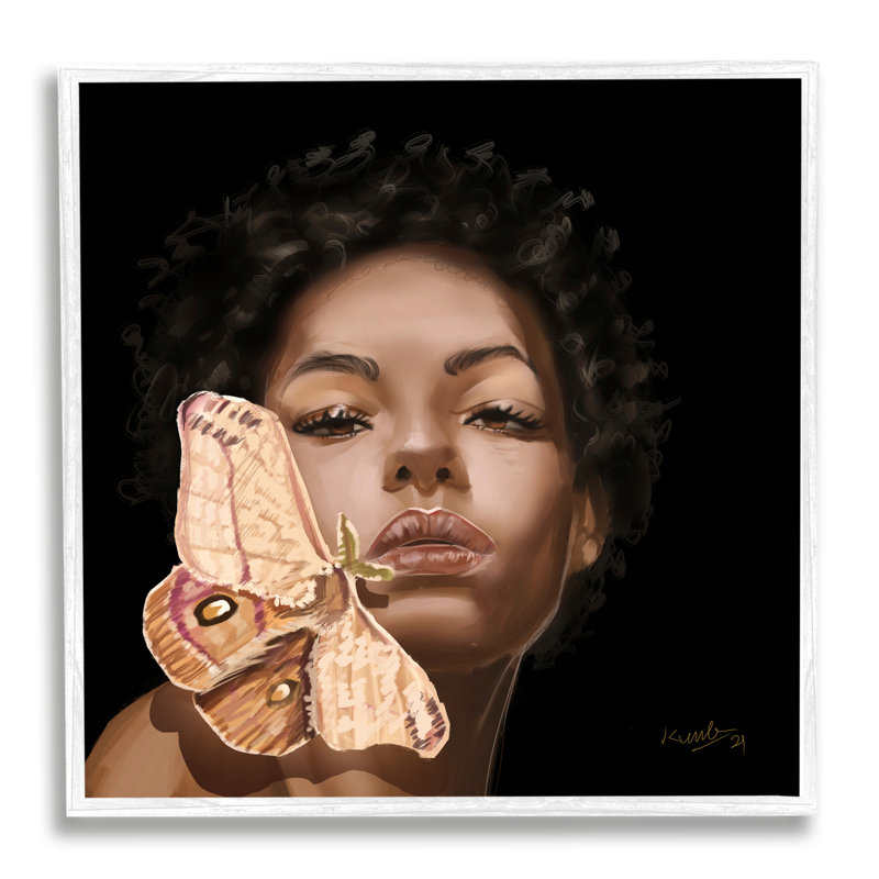 Art mural sur toile surdimensionné surdimensionné, femme et insecte, H 12 po x l 12 po, Giclée encadrée blanc bord de mer