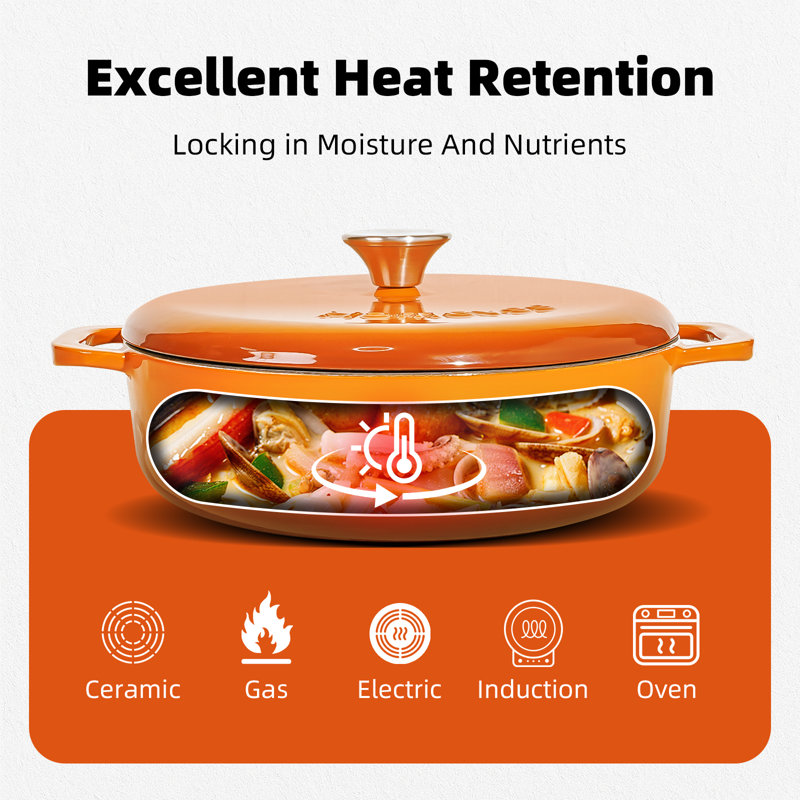 HomeVSS 5.5-Quart Enameled Cast Iron Braiser with Lid & Dual Handles, Orange