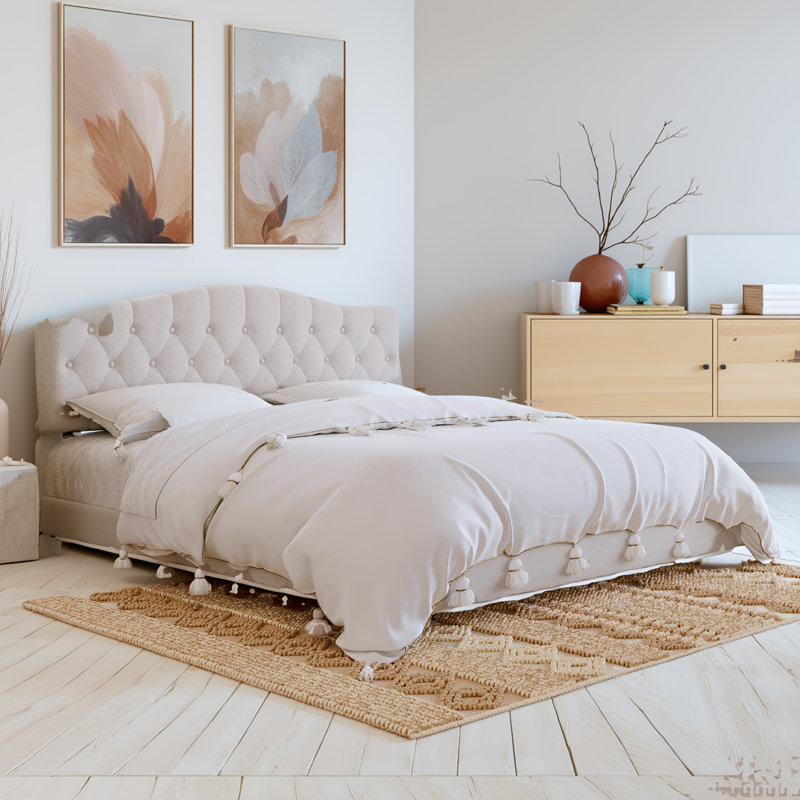 Lit en lin beige capitonné Diamond, Lit double