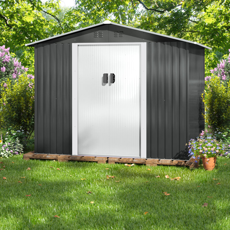 Gray 8' x 8' Metal Outdoor Storage Shed with Lockable Doors