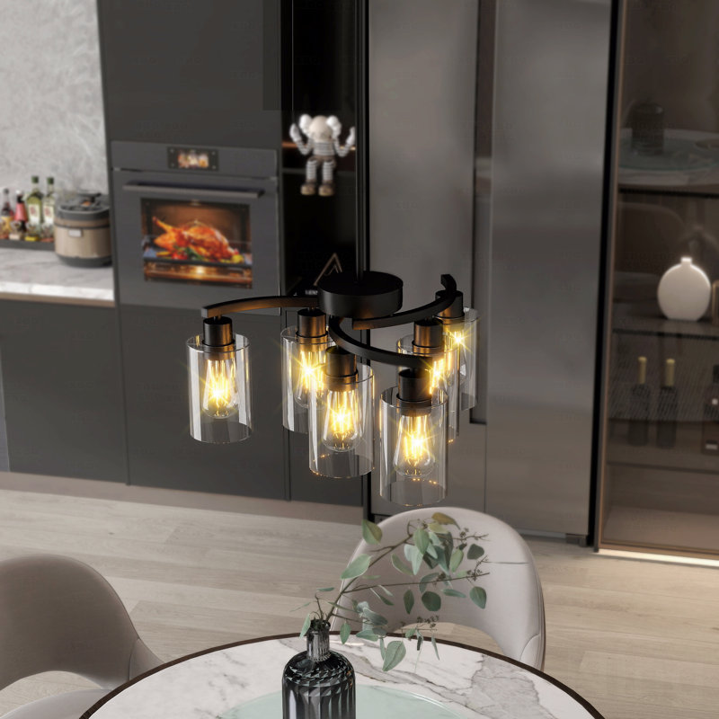 Lustre - configuration à 6 lumières de style campagne moderne de style campagnard au fini noir, luminaire de salle à manger contemporain, avec luminaires suspendus de style industriel à hauteur réglable, îlot de cuisine, abat-jour en verre transparent