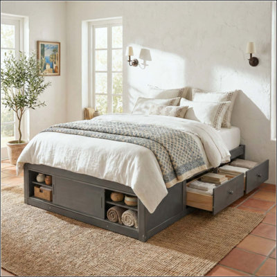 Platform Bed Frame With 4 Storage Drawers And Footboard Storage Cubby, No Headboard, Modern Space-Saving