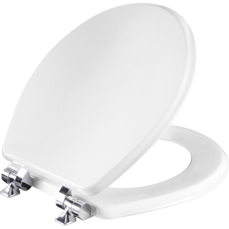 Mayfair by Bemis Benton Slow Close Round White Enameled Wood Toilet Seat, Chrome