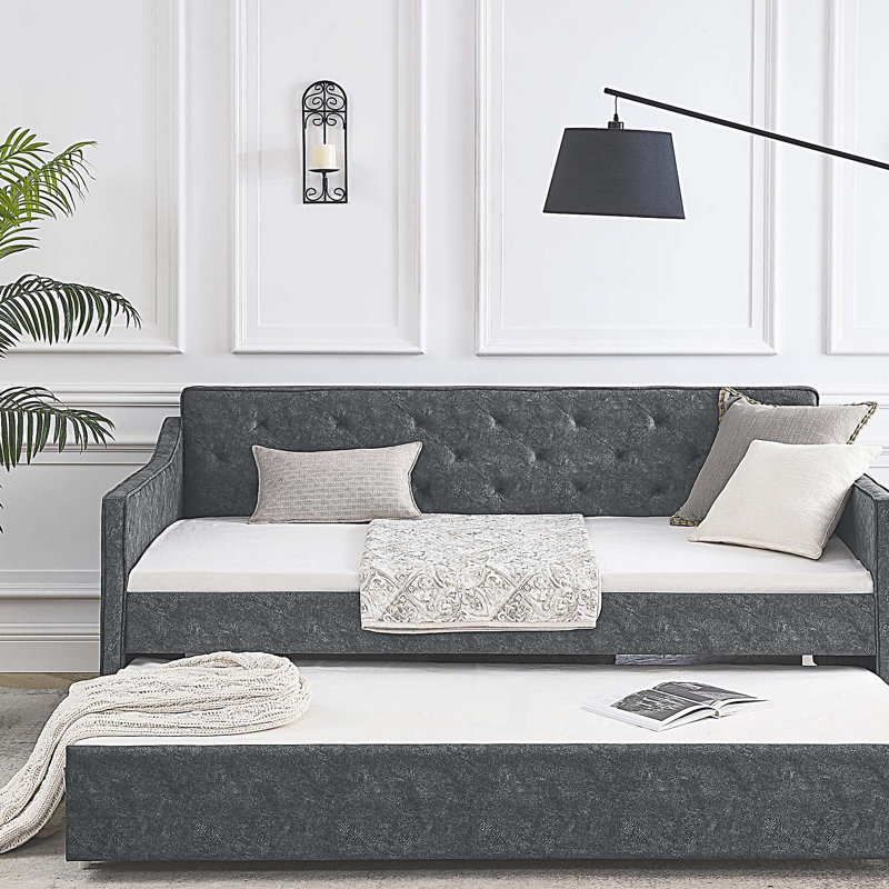 Twin Size Daybed with Twin Size Trundle, Upholstered Tufted Sofa Bed, Gray