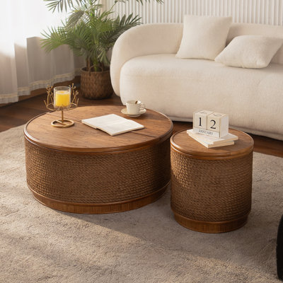 Table basse ronde en rotin avec rangement amovible, garniture en corde de chanvre tissée à la main, style boho-chic, parfaite pour les salons confortables et les espaces compacts