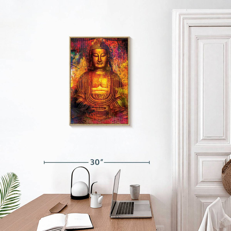 Colourful Golden Buddha, Floating Frame Natural Wood, 17" x 25"