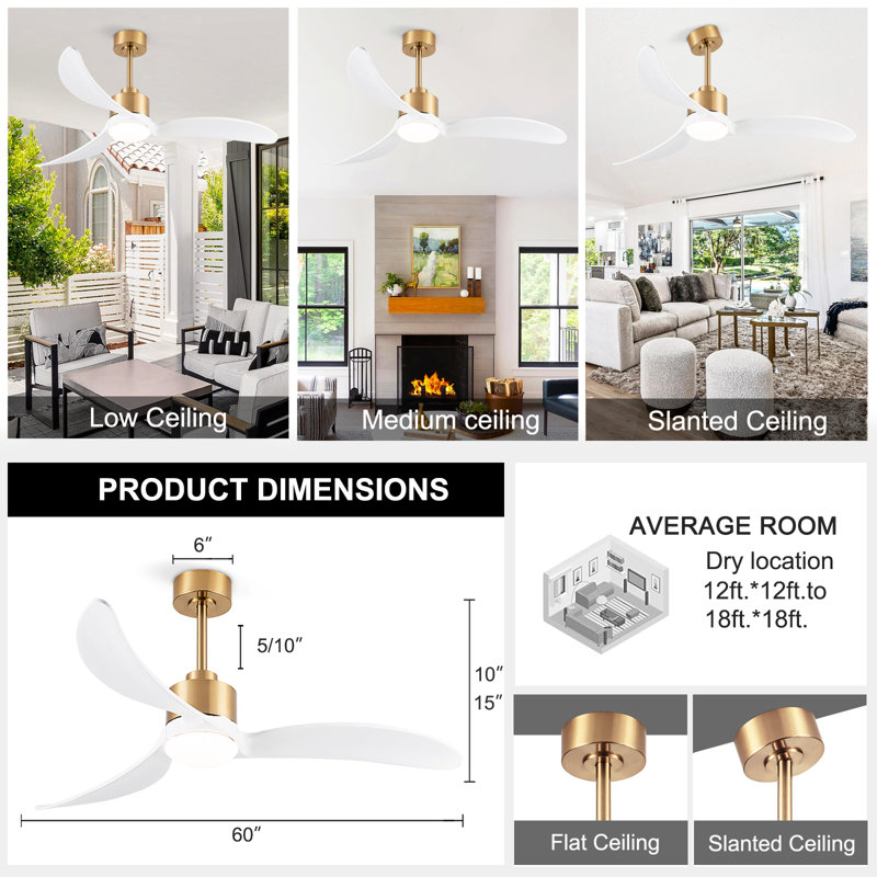 52 In. 3 Reversible Blades Adjust Height Ceiling Fan With Dimmable Led Light & Remote Control, White, Gold