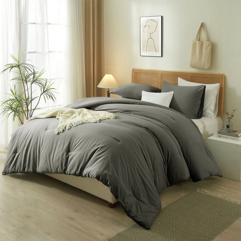 3-Piece 90g Lightweight All-season Microfiber Comforter Set, Queen Comforter + 2 Standard Shams, Dark Gray