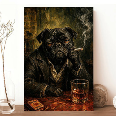 Canvas Wall Art Noir Pug Smoking Cigar Whiskey Bar Art Print Vintage Poster Print Home Decor