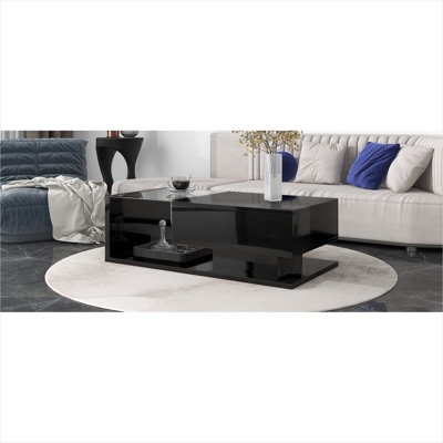 Table basse pour salon en noir classique, verre trempé et panneau de particules ultrabrillant, rectangulaire à deux niveaux de 39,3 pouces avec tiroir