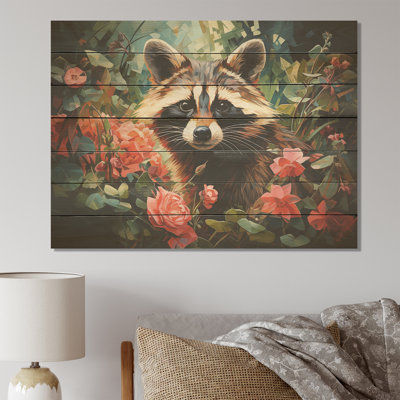 Noir et rose fleur de raton laveur - imprimé raton laveur sur bois