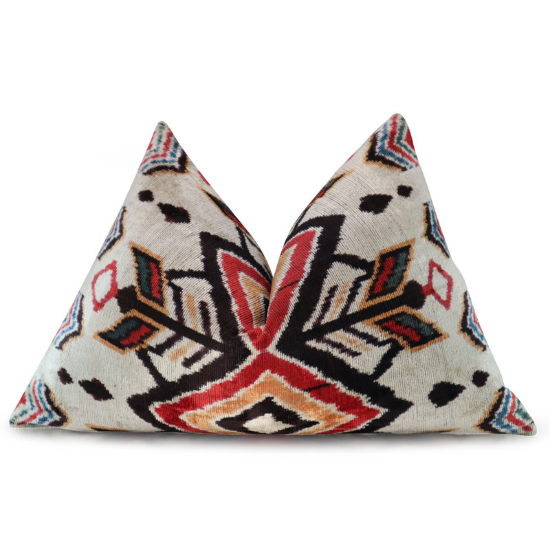 Velvet Lumbar Pillow Cover & Insert, Red/Orange/Beige Geometric 1