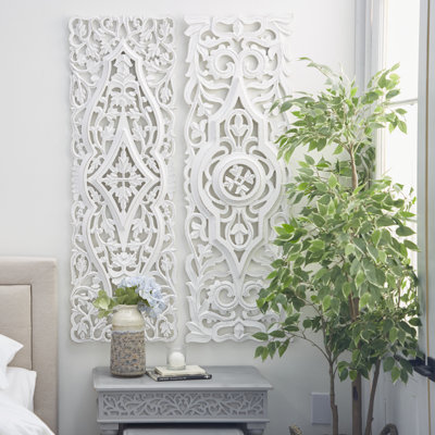 Wood Handmade Intricately Carved Arabesque Floral White Wall Decor Set