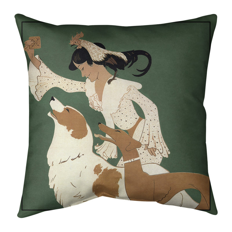 Housse et insert de coussin carré rétro Auguste Roubille, 14 po x 14 po, Bourre en polyester, Vert