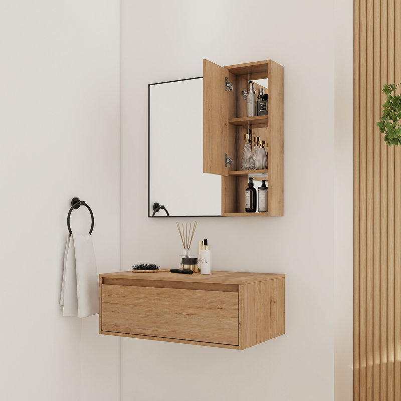 Coiffeuse 30 po avec miroir, armoire de rangement murale avec porte à fermeture en douceur, miroir et cadre en aluminium noir