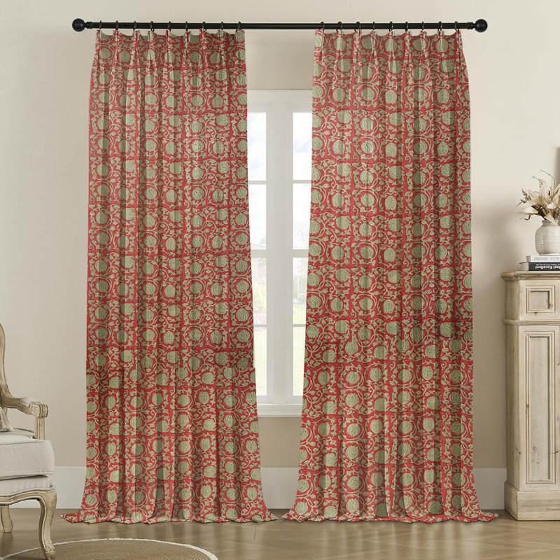 Fabdivine Handmade Block Print 100% Blackout Floral Pattern Curtains Soft Boho Pleated Pinch Drapes for Home, Office, Living or Bedroom, Kitchen Pink and Blue, 6 Kamal