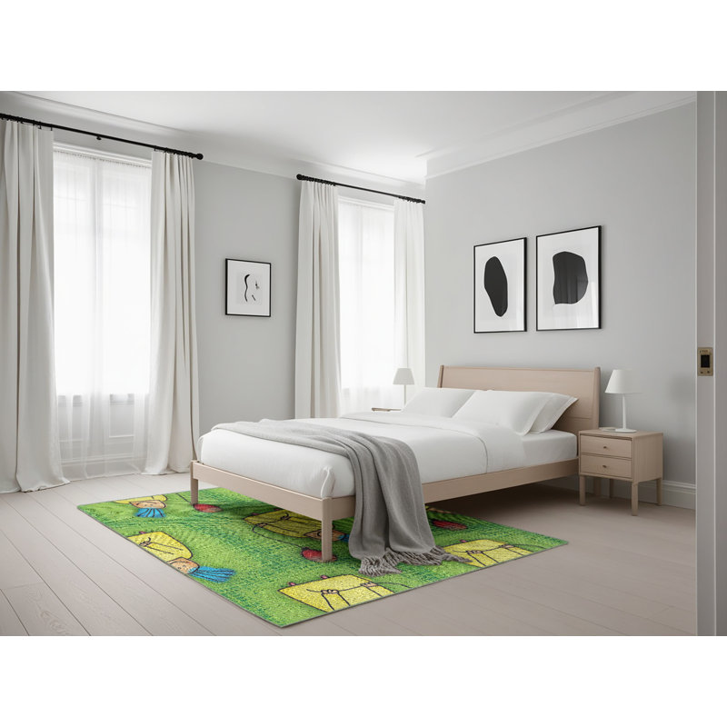 Tapis vert/jaune à motifs, Rectangle 5 pi x 7 pi