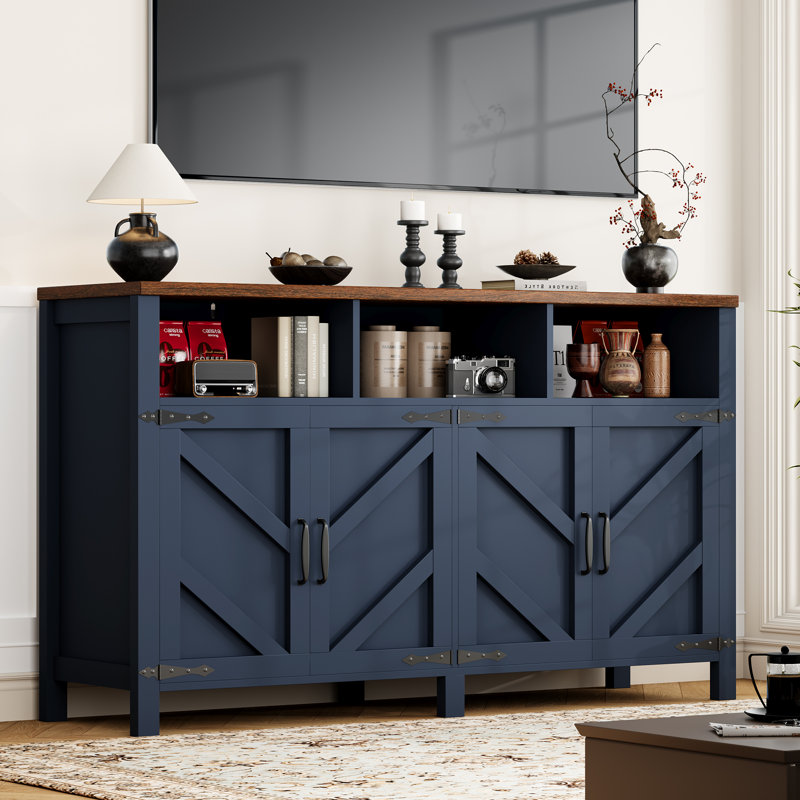 55" Large Buffet Sideboard with 4 Doors, Farmhouse Kitchen Storage Cabinet with Adjustable Shelves, Wooden Cabinet Sideboard and Coffee Bar Cabinet Table for Dining Room, Entryway, Blue