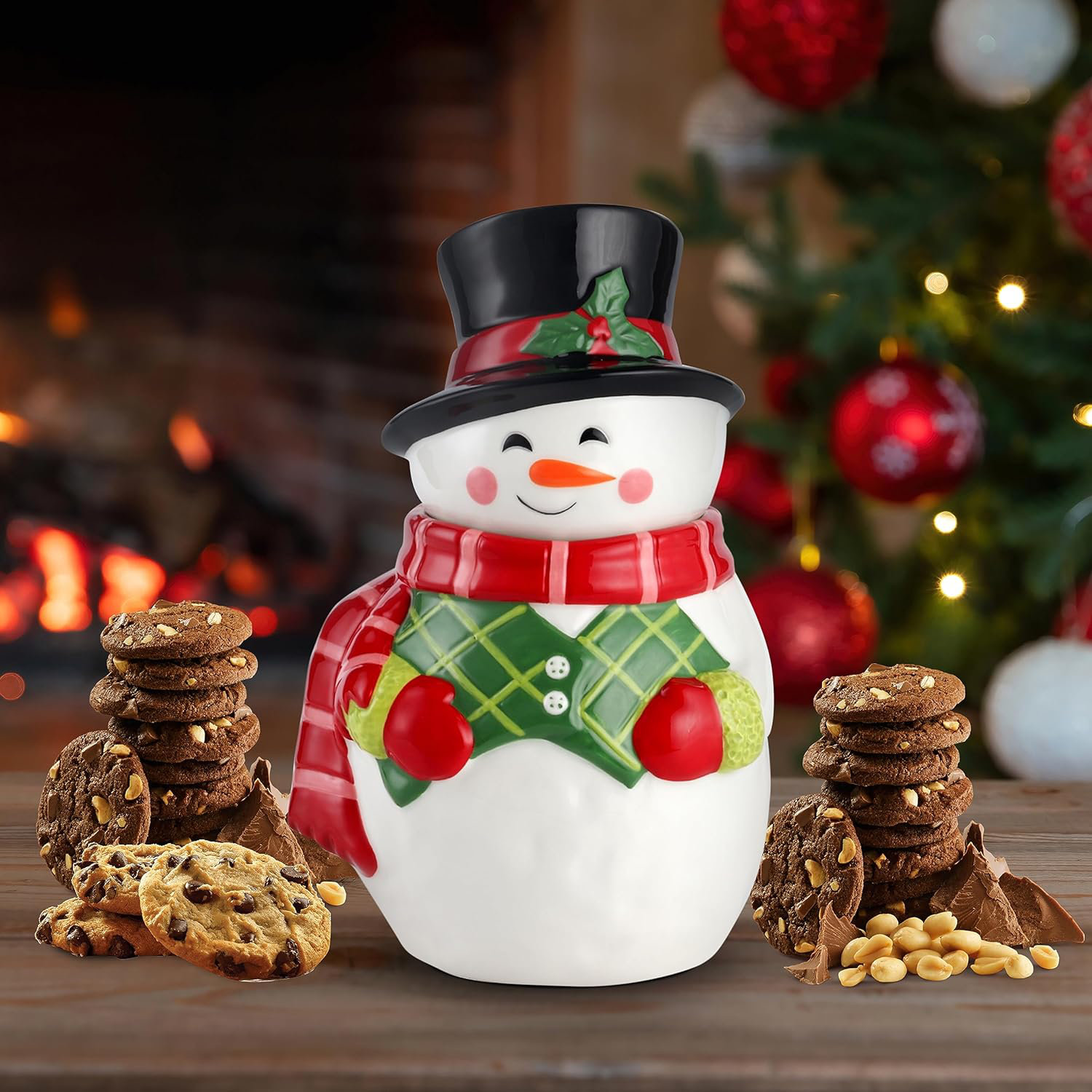 Holiday Time White Snowman Treat Cookie Jar, Earthenware Ceramic